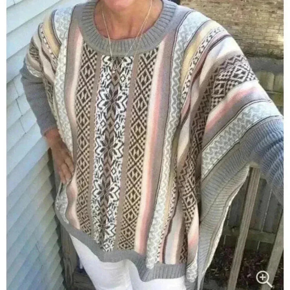 CAbi Fair Isle Poncho Sweater 3121 Knit Long Sweater Boxy Nordic Gray - Picture 4 of 4